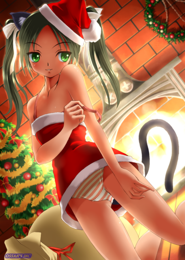 animal_ears bag black_hair blush cat_ears christmas christmas_tree dr_rex fireplace francesca_lucchini green_eyes hair_ribbon hat kneeling no_pants panties pink_panties ribbon santa_costume santa_hat smile solo strap_slip strike_witches striped striped_panties tail twintails underwear world_witches_series
