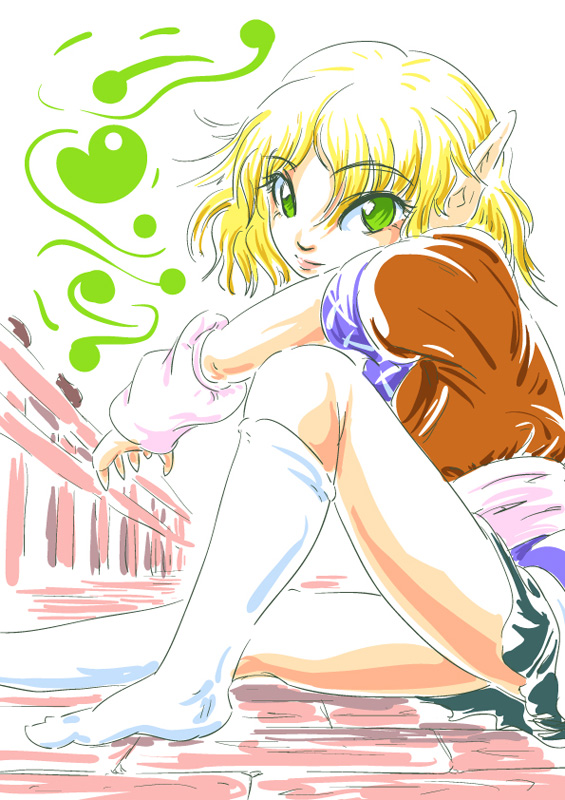 arm_rest arm_warmers blonde_hair blouse bridge eyelashes fesserst green_eyes head_rest knee_up kneehighs light_smile lips looking_at_viewer mizuhashi_parsee no_shoes pointy_ears sash short_hair short_sleeves sitting skirt solo touhou white_background white_legwear