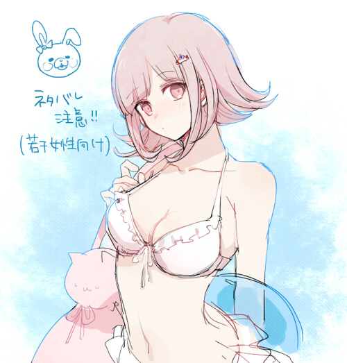 bikini breasts check_translation cleavage danganronpa flipped_hair hair_ornament hairclip heke medium_breasts midriff nanami_chiaki navel purple_eyes purple_hair short_hair solo super_danganronpa_2 swimsuit translation_request