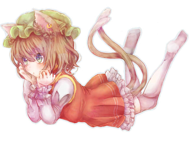 animal_ears brown_hair cat_ears cat_tail chen child chin_rest dress frills green_eyes hat head_rest jewelry juliet_sleeves long_sleeves looking_away lying mob_cap mochiko_(mocchikkoo) multiple_tails no_shoes on_stomach outline puffy_sleeves short_hair simple_background single_earring solo tail thighhighs touhou white_background