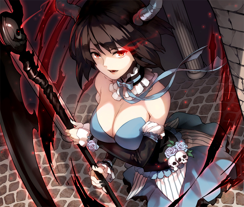 bad_id bad_pixiv_id bare_shoulders black_hair blue_flower blue_rose breasts choker cleavage detached_collar flower from_above glowing glowing_eye horns large_breasts masa_ashe original red_eyes ribbon rose scythe sett short_hair skull solo