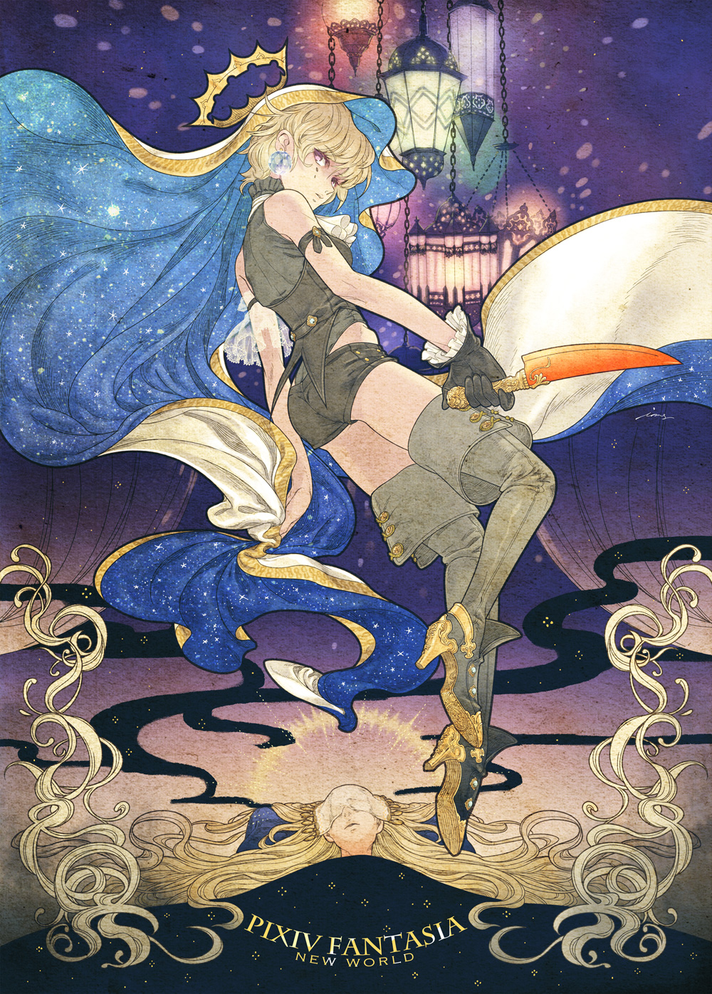 bad_id bad_pixiv_id bare_shoulders blonde_hair boots crown earrings gloves high_heels highres jewelry knife pixiv_fantasia pixiv_fantasia_new_world red_eyes shoes short_shorts shorts solo taki_zen'ichi thigh_boots thighhighs