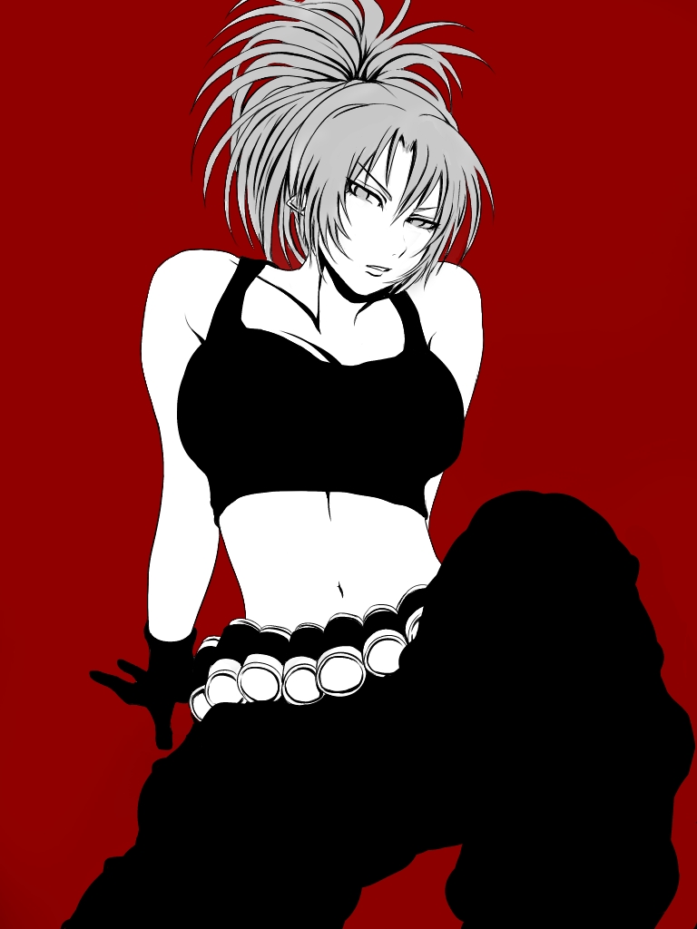 bad_id bad_pixiv_id bare_shoulders bhm breasts earrings jewelry large_breasts leona_heidern looking_at_viewer midriff monochrome navel pants parted_lips ponytail red_background sitting solo sports_bra the_king_of_fighters the_king_of_fighters_xiii