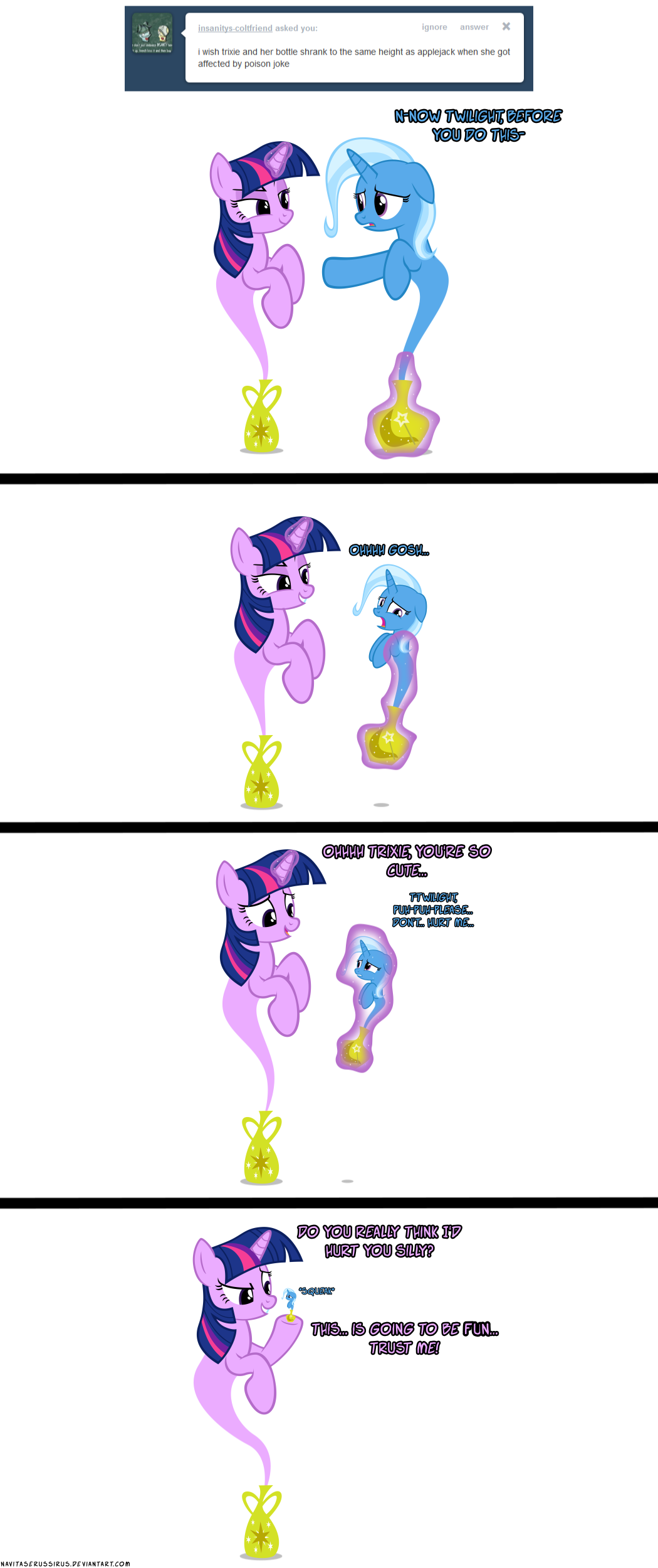 absurd_res blue_fur bottle duo english_text equine female friendship_is_magic fur genie hair hi_res horn horse mammal multi-colored_hair my_little_pony navitaserussirus open_mouth plain_background pony purple_eyes purple_fur shrinking text transformation trixie_(mlp) tumblr twilight_sparkle_(mlp) two_tone_hair unicorn white_background