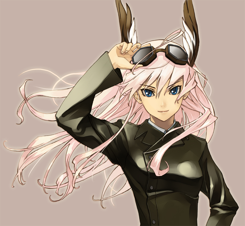 animal_ears blue_eyes bunny_ears fujimo_ruru goggles grey_background hanna-justina_marseille jacket long_hair pink_hair smile solo strike_witches world_witches_series