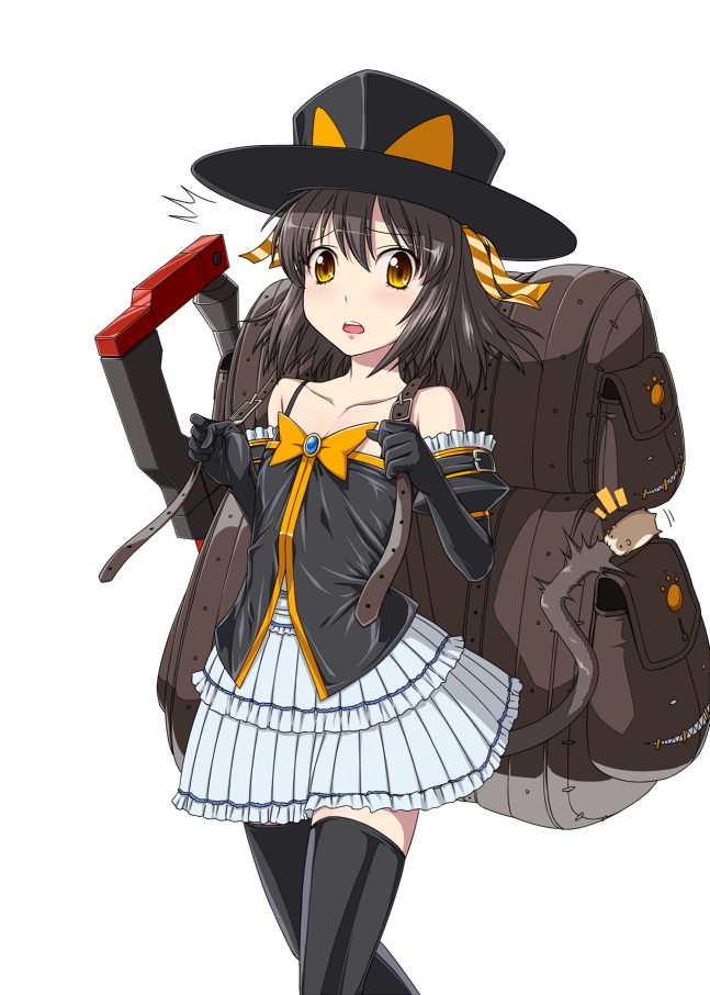 1girl :o backpack bad_id bad_pixiv_id bag bangs bare_shoulders belka_(lemuria) biting black_gloves black_hair black_legwear blush bow breasts brooch buckle camisole cowboy_shot elbow_gloves frilled_skirt frills gloves hair_ribbon hamster hat jewelry looking_at_viewer motion_lines paw_print pleated_skirt raised_eyebrows ribbon rinkou_no_lemuria short_hair simple_background skirt small_breasts solo standing striped striped_ribbon tail tail_biting thighhighs tokitaka_(amaterath) yellow_eyes zettai_ryouiki zipper
