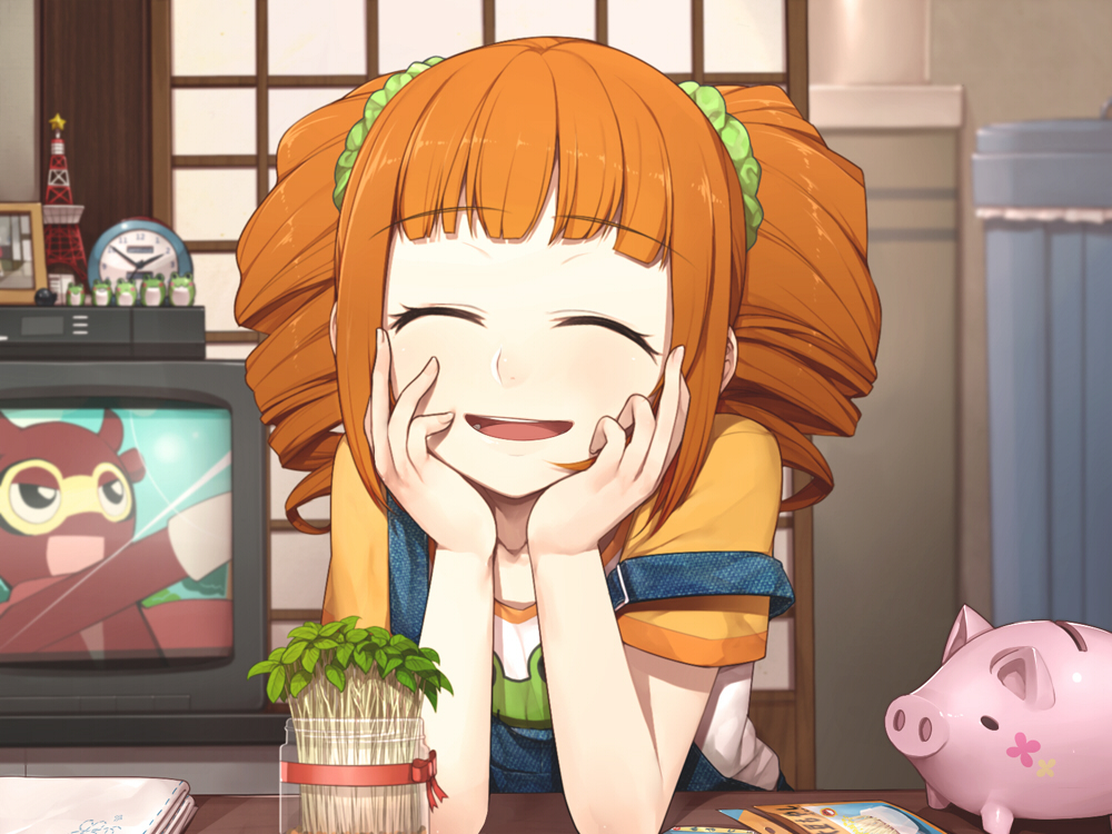 :d ^_^ bean_sprout blush brown_hair closed_eyes drill_hair frog hands_on_own_cheeks hands_on_own_face hitoto idolmaster idolmaster_(classic) open_mouth overalls piggy_bank plant ribbon short_hair smile solo strap_slip table takatsuki_yayoi television twin_drills twintails