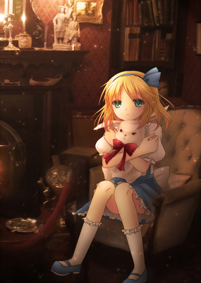 alice_margatroid alice_margatroid_(pc-98) amano-sora armchair blonde_hair bookshelf bow bunny candle chair fireplace frills green_eyes looking_at_viewer mary_janes puffy_sleeves ribbon shoes short_hair sitting skirt touhou touhou_(pc-98)
