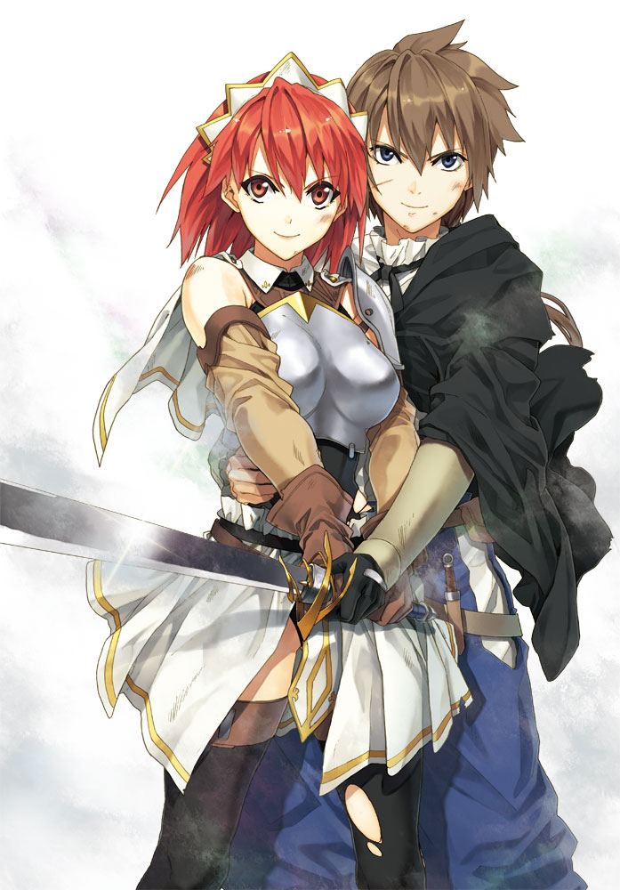 1girl armor blue_eyes blush breasts brown_hair cecily_cambell gloves looking_at_viewer luke_ainsworth luna_(reclaimed_land) medium_breasts red_eyes red_hair seiken_no_blacksmith short_hair standing sword thighhighs weapon