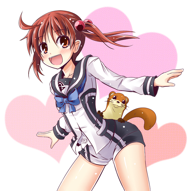 :d animal bent_over blue_bow blue_neckwear blush bow bowtie brown_eyes brown_hair hair_bobbles hair_ornament heart ichimi isshiki_momo long_sleeves looking_at_viewer national_shin_ooshima_school_uniform open_mouth otter outstretched_arms print_shorts school_uniform shirt short_shorts shorts smile solo twintails uso-kun vividred_operation white_shorts