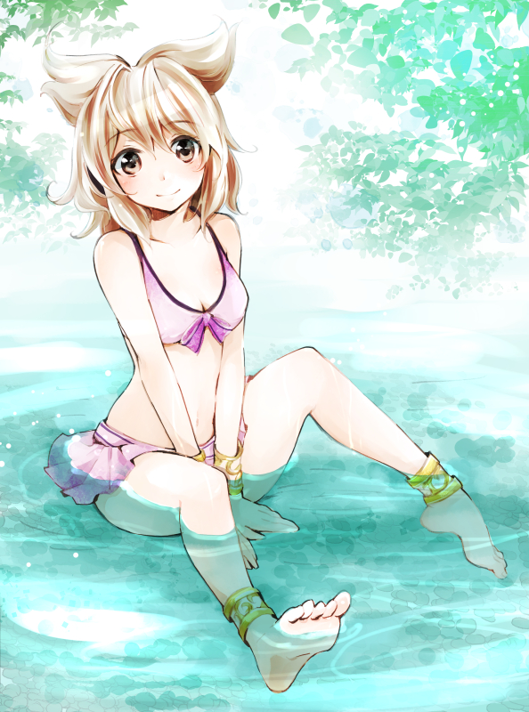 anklet barefoot bikini bikini_skirt blonde_hair blush bracelet breasts cleavage feet jewelry looking_at_viewer makuwauri navel partially_submerged shallow_water short_hair sitting small_breasts smile soles solo swimsuit toes touhou toyosatomimi_no_miko v_arms water yellow_eyes