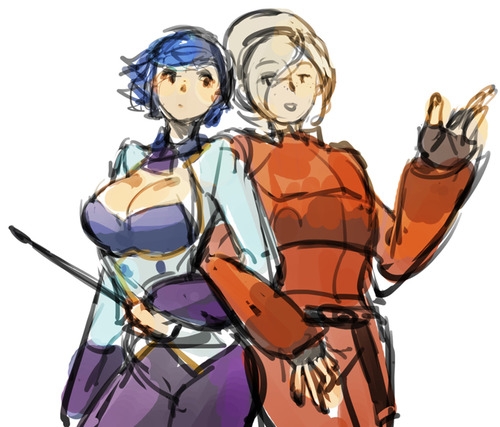1girl ash_crimson blonde_hair blue_eyes blue_hair breasts cleavage cleavage_cutout elisabeth_blanctorche fingerless_gloves freckles gloves hair_over_one_eye hairband hetero large_breasts locked_arms lowres muse_(rainforest) nail_polish riding_crop short_hair sketch the_king_of_fighters