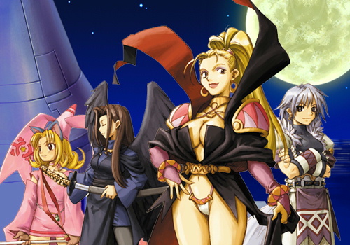 :d blonde_hair breasts cleavage cowboy_shot crowdia dress full_moon gao_(rhapsody) groin large_breasts long_hair long_sleeves looking_at_viewer lowres marjoly marl_kingdom moon multiple_girls myao_(marl_kingdom) open_mouth pink_dress red_eyes revealing_clothes rhapsody ryoji_(nomura_ryouji) silver_hair smile standing very_long_hair