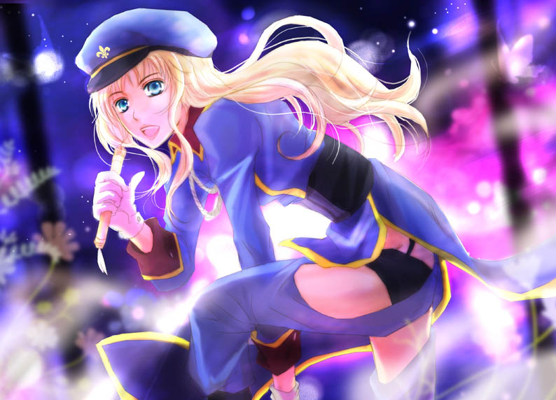 akebi_(kakuri) bad_id bad_pixiv_id blonde_hair blue_eyes gloves hat kneeling long_hair macross macross_frontier microphone peaked_cap sheryl_nome shorts smile solo squatting uniform