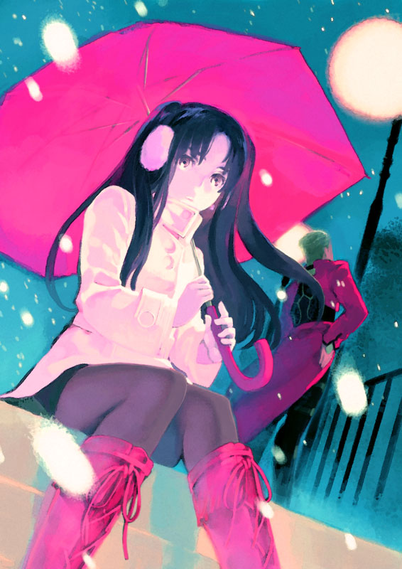 1girl archer bangs black_hair black_legwear blurry boots brown_eyes coat cross-laced_footwear dutch_angle earmuffs facing_away fate/stay_night fate_(series) frown furikawa_arika hands_on_hips holding holding_umbrella knee_boots knees_together_feet_apart lace-up_boots lamppost long_sleeves looking_at_viewer outdoors pants pantyhose parted_bangs pink_footwear railing silver_hair sitting snowing stairs standing straight_hair toosaka_rin two_side_up umbrella white_coat winter winter_clothes winter_coat