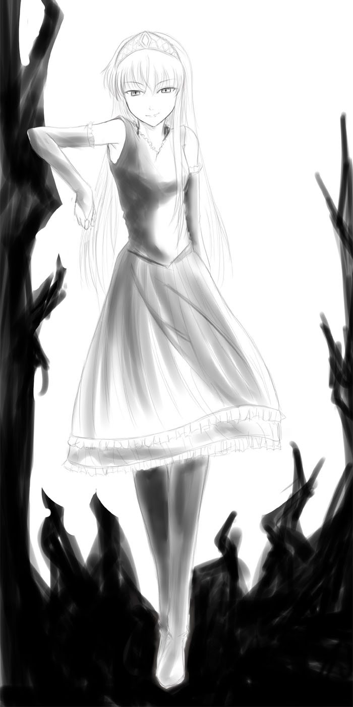 blaue_gans dress full_body greyscale highres hime_(kaibutsu_oujo) kaibutsu_oujo long_sleeves looking_at_viewer monochrome pantyhose short_hair solo standing