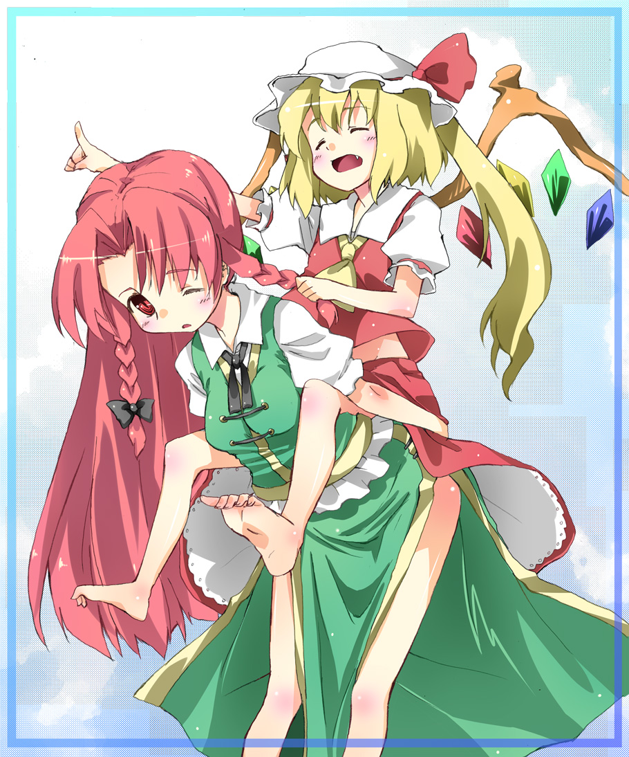 bad_id bad_pixiv_id barefoot blush bonnet bow braid carrying china_dress chinese_clothes dress fang feet flandre_scarlet hair_ribbon hat hat_ribbon hong_meiling long_hair multiple_girls one_eye_closed one_side_up piggyback red_eyes red_hair ribbon subachi toe_scrunch touhou twin_braids very_long_hair wings