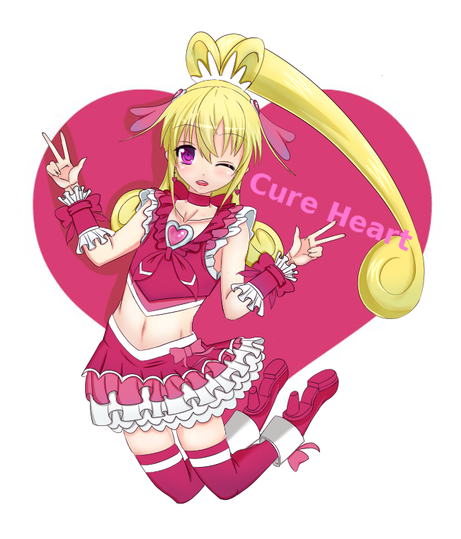 aida_mana blonde_hair bow character_name choker color_connection cosplay cure_heart cure_melody cure_melody_(cosplay) curly_hair dokidoki!_precure double_v earrings half_updo heart jewelry long_hair magical_girl midriff nmaoh pink pink_bow pink_choker pink_eyes pink_legwear ponytail precure ribbon skirt smile solo suite_precure thighhighs v