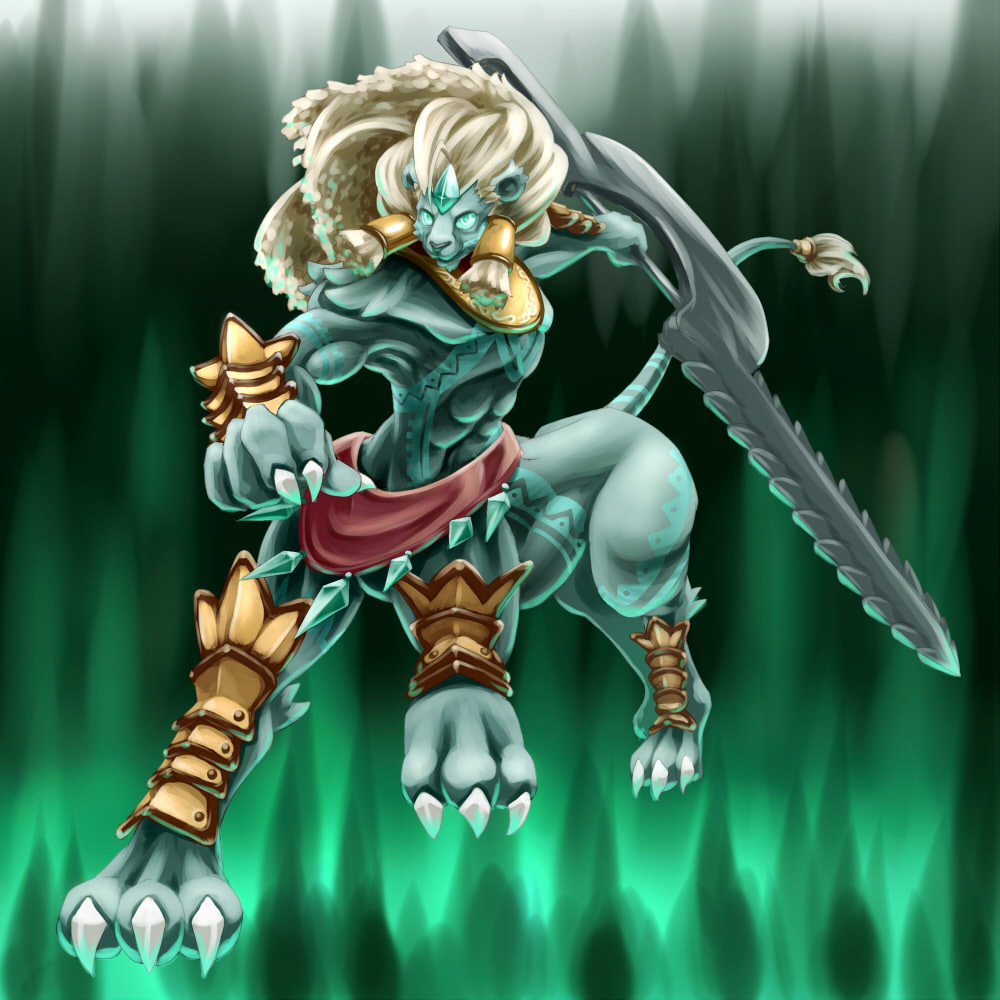 armor biceps blue_eyes body_markings bracelet claws clothing cool_colors fur green_background hair jewelry long_hair male markings muscles pecs plain_background pose riot41 solo standing sword taur toe_claws topless unconvincing_armor weapon