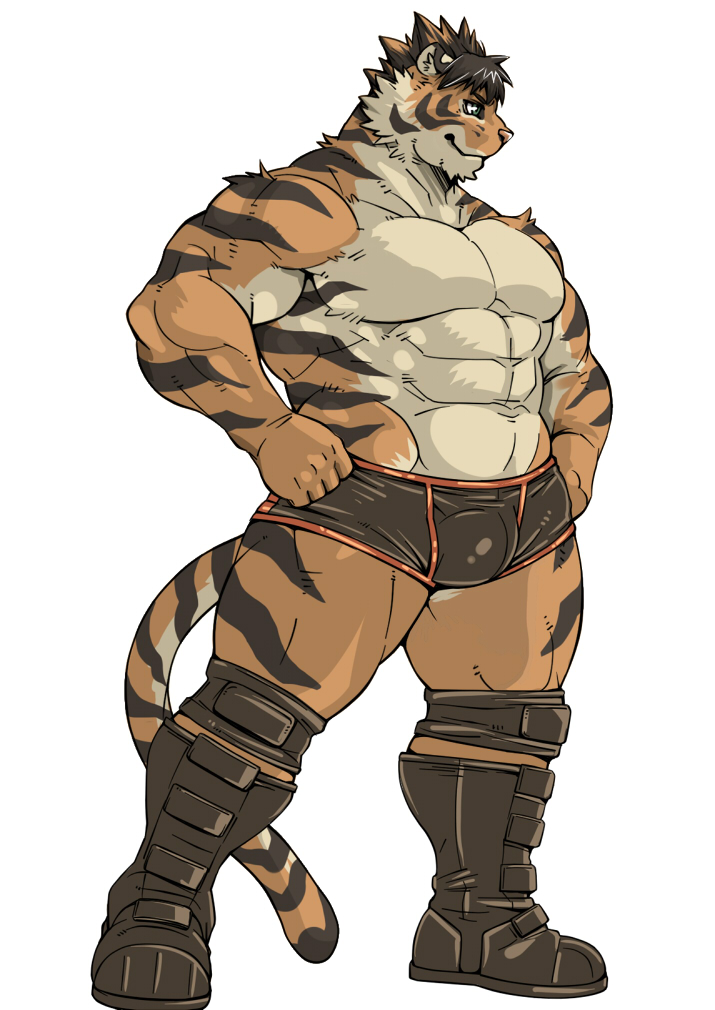 anthro biceps big_muscles black_fur black_hair body_markings boots boxer_briefs bulge clenched_fist dandoo feline footwear fur green_eyes grin hair male mammal markings muscles orange_fur pecs pink_nose plain_background pose smile solo striped_fur stripes tan_fur tiger toned topless underwear white_background white_fur wrestler