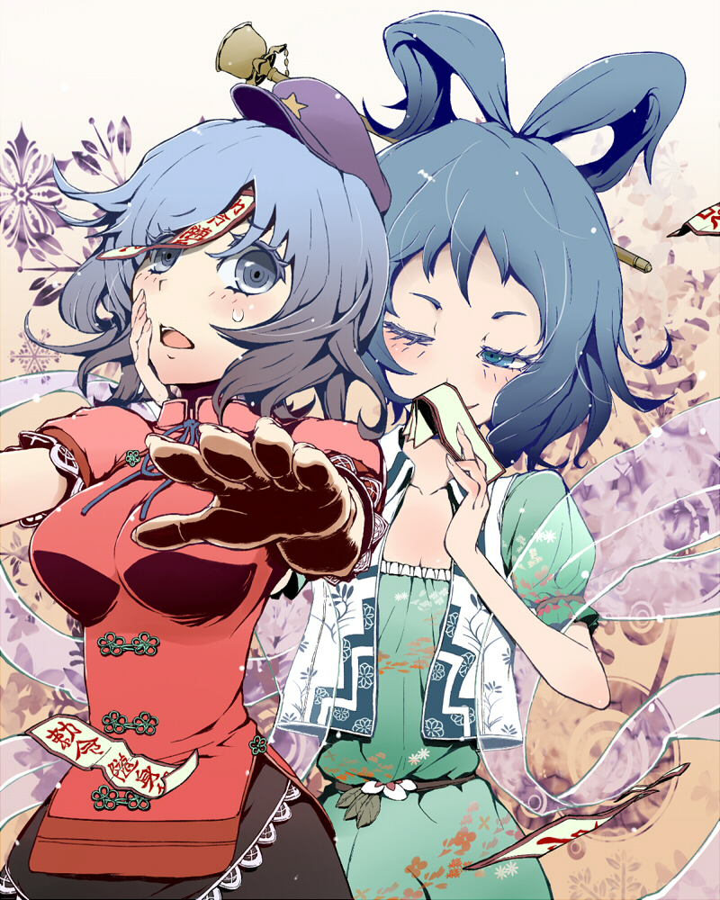 belt blouse blue_eyes blue_hair breasts covering_mouth dress eyelashes fingernails floral_background hagoromo hair_ornament hair_rings hair_stick hand_on_another's_face hat high_collar kaku_seiga looking_at_another looking_at_viewer medium_breasts miyako_yoshika multiple_girls ofuda one_eye_closed open_mouth outstretched_arms pink_background puffy_short_sleeves puffy_sleeves pureji_oshou shawl short_hair short_sleeves smile touhou zombie_pose