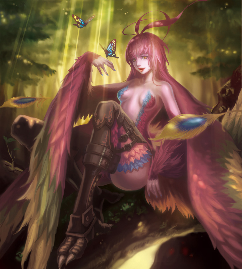bad_id bad_pixiv_id bug butterfly feathers forest harpy insect long_hair mikikoto_hitsuji monster_girl nature open_mouth original pink_hair sitting solo sunlight wings yellow_eyes