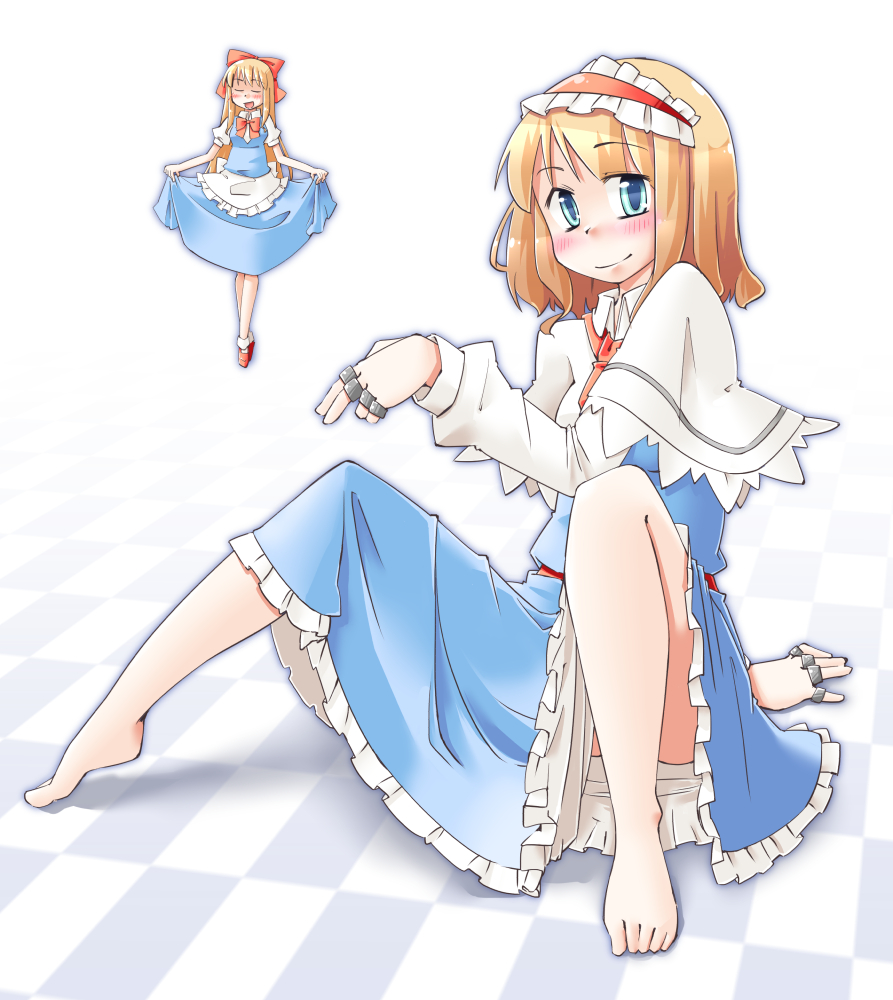 alice_margatroid apron arnest barefoot blonde_hair blue_eyes capelet checkered checkered_floor closed_eyes curtsey doll dress hairband jewelry long_sleeves multiple_girls open_mouth puppet_rings ring sash shanghai_doll shirt short_hair sitting skirt skirt_hold smile touhou vest