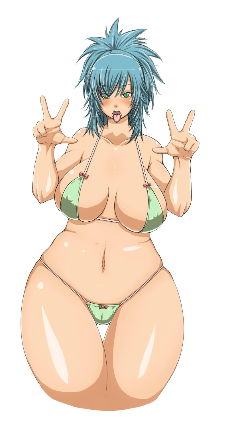 bikini blue_hair blush breasts covered_nipples curvy double_v green_eyes highres huge_breasts leona_heidern long_hair navel plump ponytail solo swimsuit the_king_of_fighters thick_thighs thigh_gap thighs tongue tongue_out v warumono_tomii wide_hips
