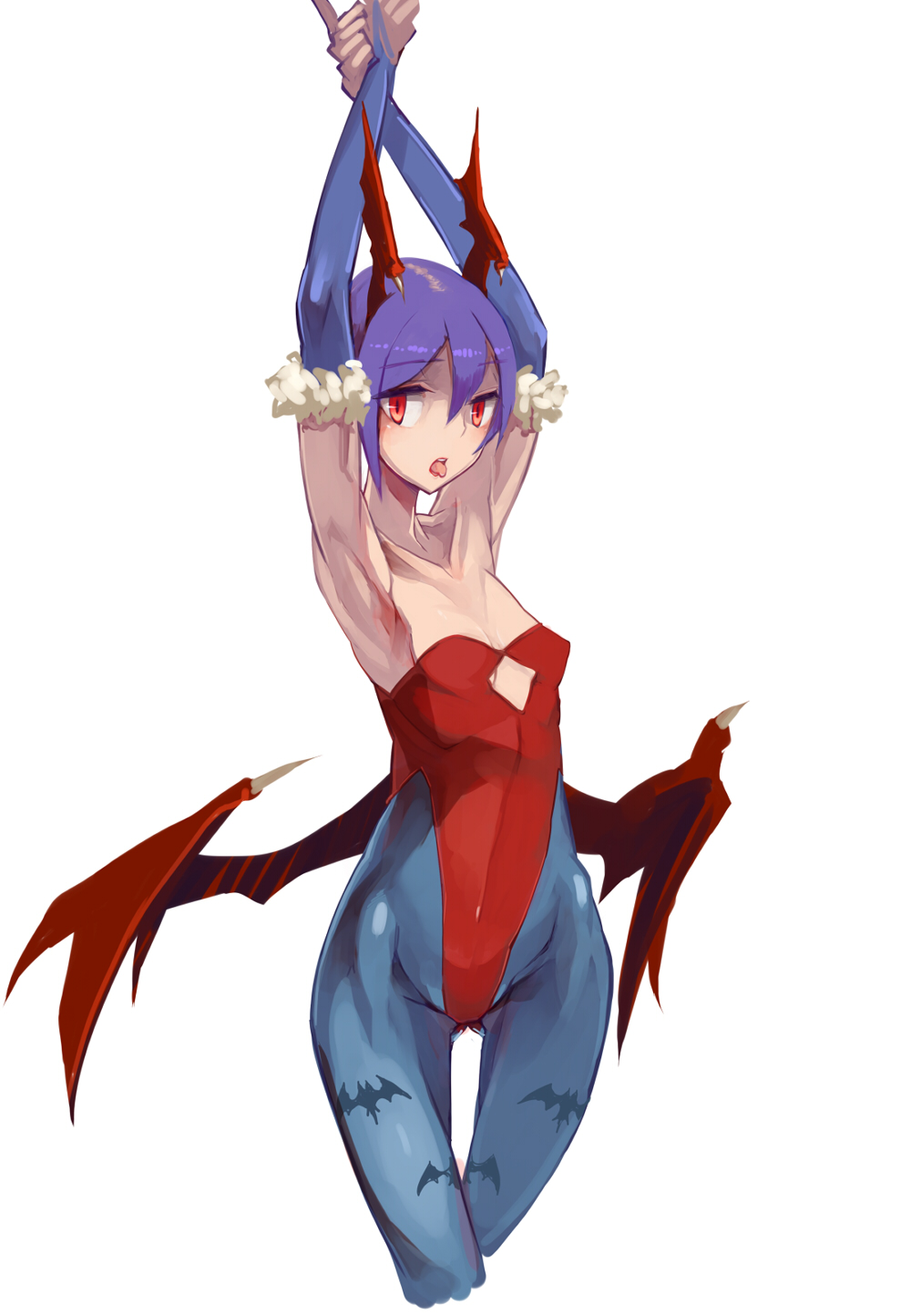 animal_print armpits arms_up bare_shoulders bat_print bat_wings breasts bridal_gauntlets demon_girl elbow_gloves gloves head_wings highres leotard lilith_aensland looking_at_viewer open_mouth pantyhose print_legwear purple_hair red_eyes red_leotard shimadoriru short_hair small_breasts solo succubus tongue tongue_out vampire_(game) wings