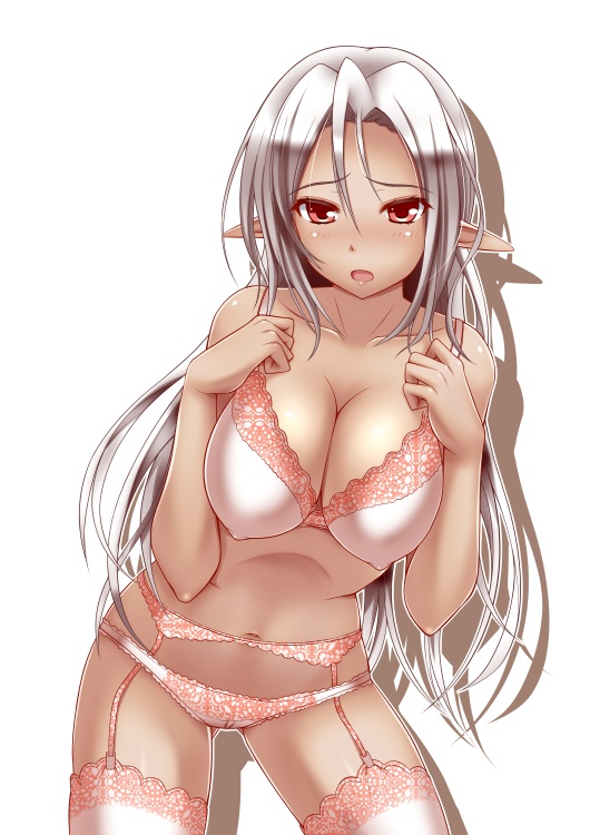 blush bra breasts cameltoe cleavage collarbone covered_nipples dark_skin elf garter_belt kuurunaitsu lace lace-trimmed_bra lace-trimmed_panties lace-trimmed_thighhighs large_breasts lingerie long_hair navel open_mouth original panties pink_bra pink_legwear pink_panties pointy_ears red_eyes silver_hair simple_background solo thighhighs underwear underwear_only white_background