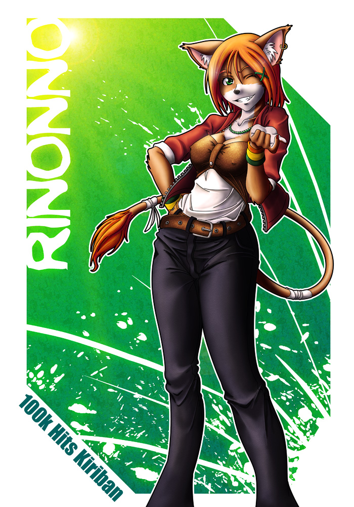 beckoning belt bracelet breasts canine cleavage clothed clothing female fox gamera green_eyes hair jewelry mammal necklace one_eye_closed piercing red_hair smile wink