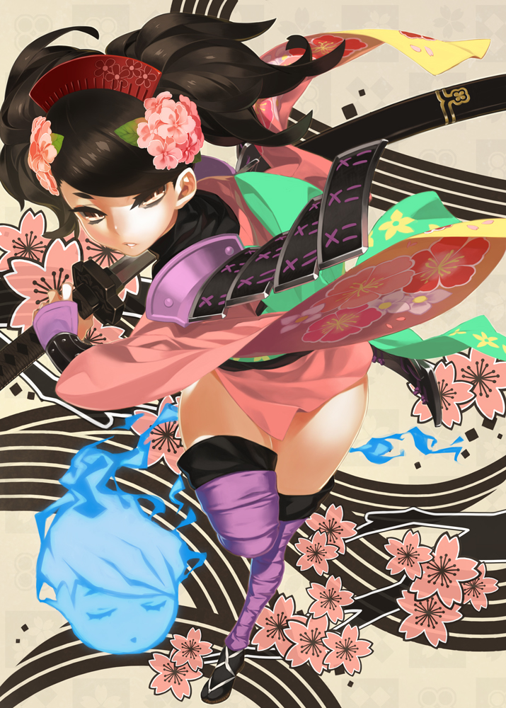 92m armor black_hair brown_eyes cherry_blossoms comb flower gauntlets hair_flower hair_ornament hitodama holding holding_sword holding_weapon japanese_armor japanese_clothes katana left-handed looking_at_viewer momohime momohime_(hitodama) oboro_muramasa purple_legwear sheath shoulder_armor sode solo sword thighhighs unsheathing weapon
