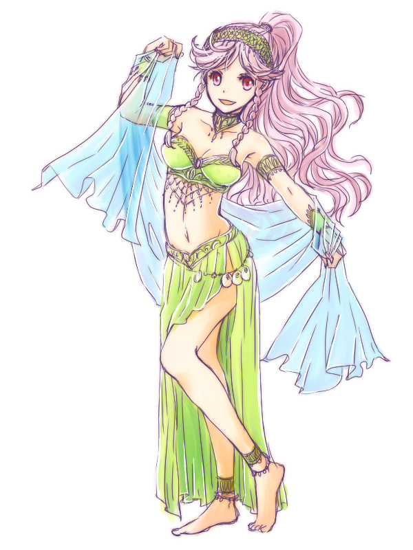 :d alternate_costume ankle_cuffs anklet bad_feet bare_shoulders barefoot belly_chain braid breasts cleavage collarbone error fire_emblem fire_emblem:_kakusei hairband jewelry long_hair medium_breasts midori_(rimaru) midriff navel olivia_(fire_emblem) open_mouth pink_eyes pink_hair ponytail smile solo twin_braids very_long_hair
