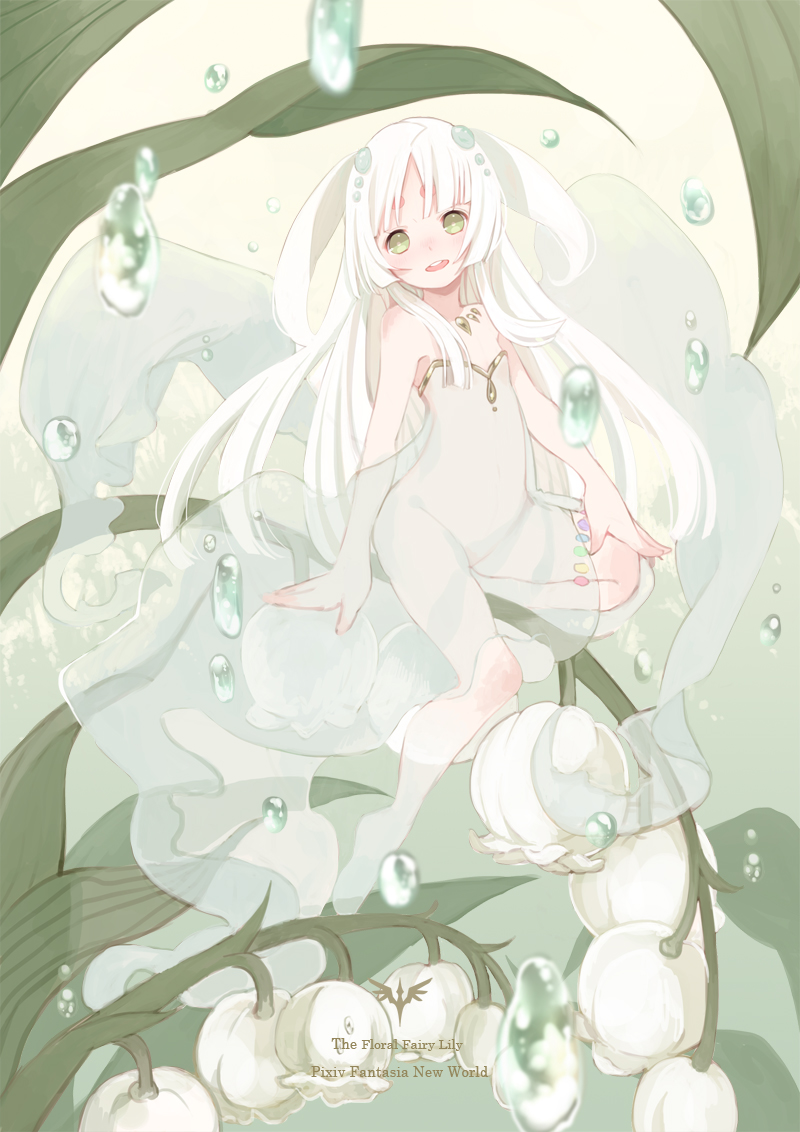 bare_shoulders blurry blush character_name copyright_name depth_of_field dress english flat_chest flower full_body green_eyes leaf long_hair looking_at_viewer mia0309 minigirl open_mouth pixiv_fantasia pixiv_fantasia_new_world plant see-through sitting solo very_long_hair water white_dress white_hair