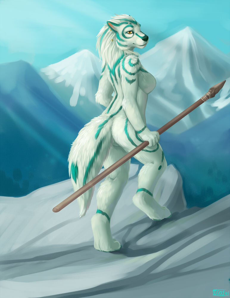 aer breasts cool_colors female fur iggi mountain nude outside polearm side_boob snow solo spear teal_markings tribal weapon white_fur yellow_eyes