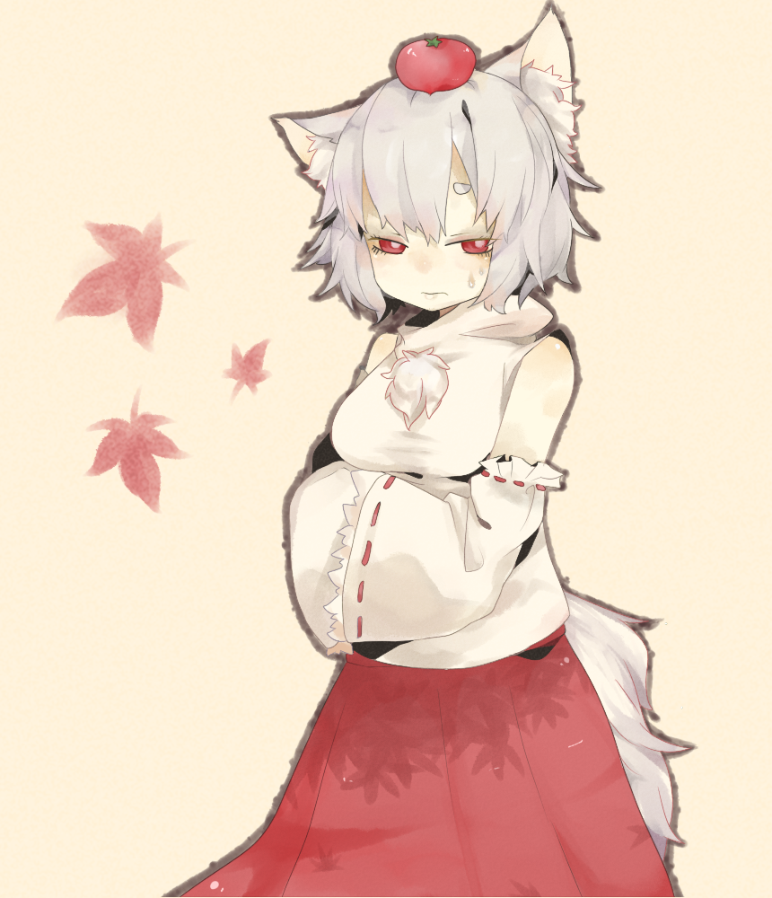 animal_ears annoyed bad_id bad_pixiv_id dokumi hands_in_opposite_sleeves inubashiri_momiji no_hat no_headwear object_on_head red_eyes silver_hair skirt solo sweatdrop tail tomato touhou wolf_ears wolf_tail