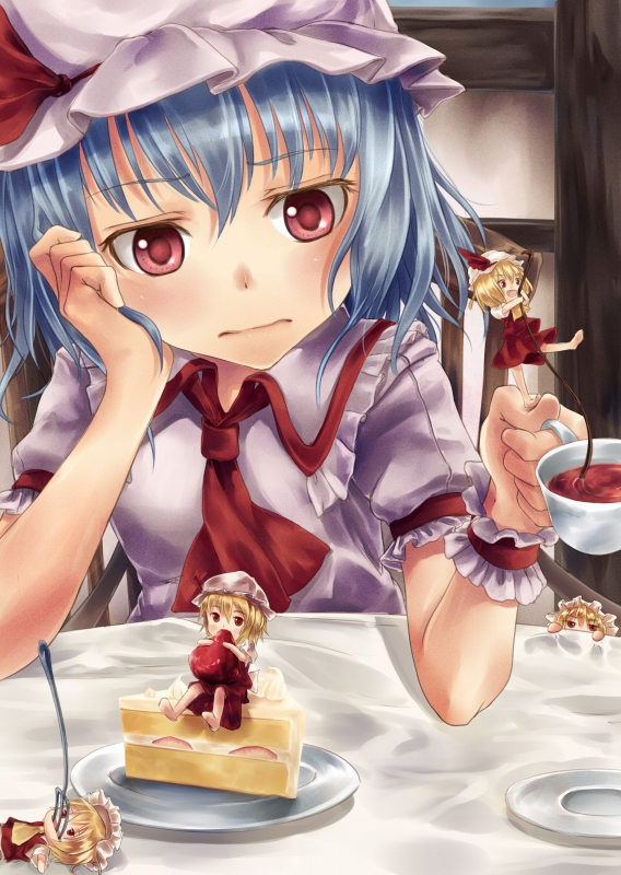 ascot blonde_hair blue_hair cake cup eating flandre_scarlet food fork four_of_a_kind_(touhou) fruit hat hat_ribbon laevatein lying minigirl mob_cap multiple_girls on_back open_mouth pink_eyes plate red_eyes remilia_scarlet ribbon shirt short_sleeves siblings sisters sitting skirt skirt_set smile strawberry table teacup touhou wrist_cuffs yoi_(tokoyoi)