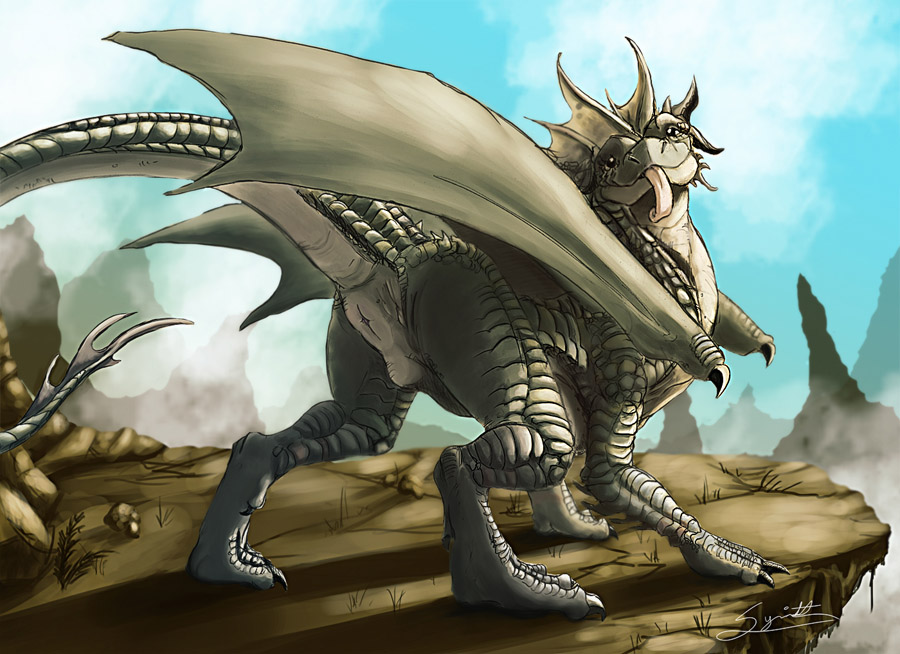 cloaca cloud digitigrade dragon female feral looking_at_viewer looking_back nude presenting rock scalie sky solo syrinoth tongue tongue_out wings