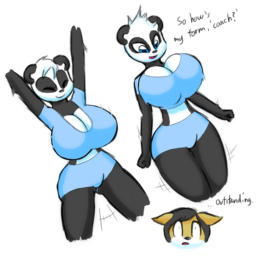 bear big_breasts black_hair blue_eyes breasts cleavage clothed clothing dialog english_text female hair huge_breasts jumping male mammal norithics panda smile text white_hair