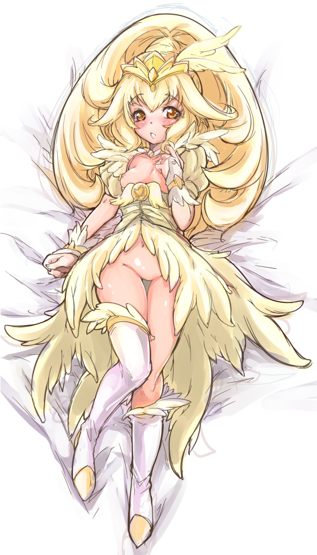 blonde_hair blush boots breasts bridal_gauntlets circlet cure_peace hair_flaps kise_yayoi knee_boots kneehighs long_hair navel nikke_(cherish) nipples no_panties no_pussy open_clothes precure princess_form_(smile_precure!) single_kneehigh single_thighhigh small_breasts smile_precure! solo thigh_boots thighhighs yellow yellow_eyes