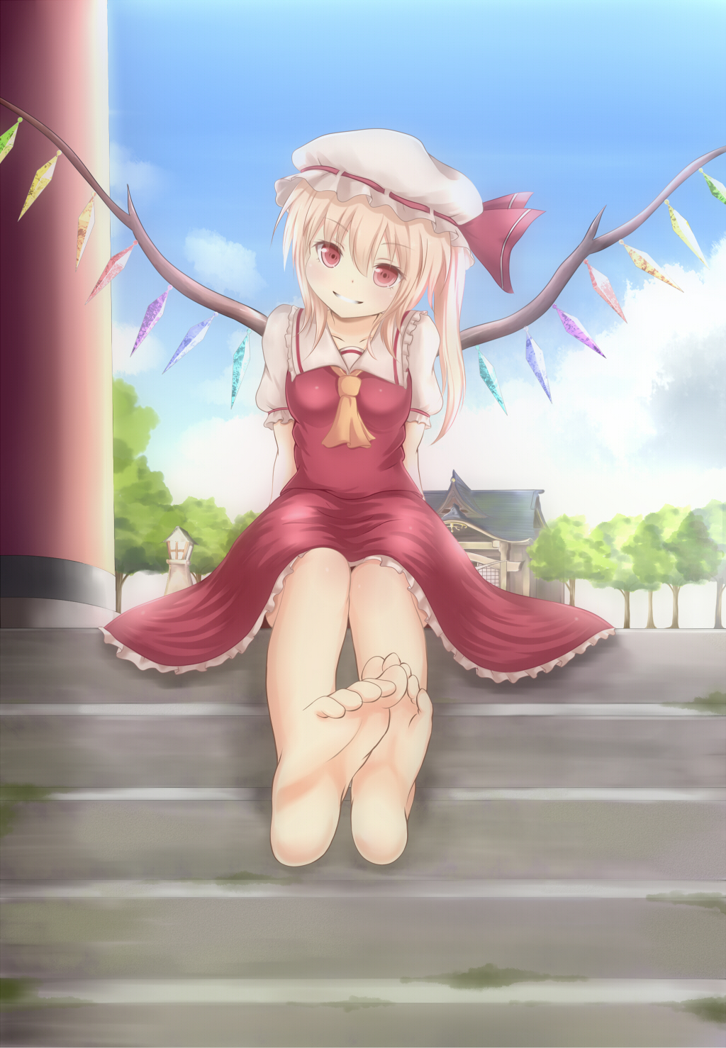 ascot bad_id bad_pixiv_id bare_legs barefoot blue_sky blush bow breasts cloud day erio_patrol feet flandre_scarlet hat hat_bow head_tilt highres medium_breasts red_eyes short_hair shrine side_ponytail sitting sitting_on_stairs skirt skirt_set sky smile solo stairs torii touhou tree wings