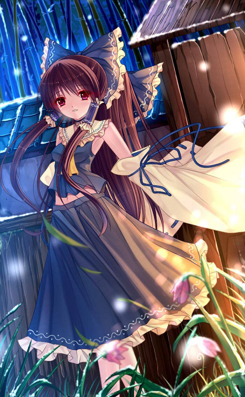 alternate_color armpits bad_id bad_pixiv_id bai_kongque bamboo bow brown_hair building capelet choker detached_sleeves fireflies flower grass hair_bow hair_tubes hakurei_reimu long_hair looking_at_viewer midriff parted_lips player_2 red_eyes skirt skirt_set solo touhou white_sleeves wind