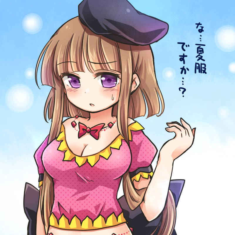 bangs black_hat blue_background blunt_bangs blunt_ends blush bow breasts brown_hair cleavage dress gradient gradient_background hand_up hat jewelry large_breasts looking_at_viewer necklace nishida_satono pink_dress polka_dot pote_(ptkan) puffy_short_sleeves puffy_sleeves purple_eyes red_bow short_hair_with_long_locks short_sleeves solo sweatdrop touhou translated unmoving_pattern upper_body white_background