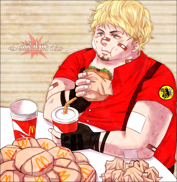 blonde_hair bob_(tekken) burger fat fat_man food gloves hamburger mcdonald's mcdonald's solo tekken