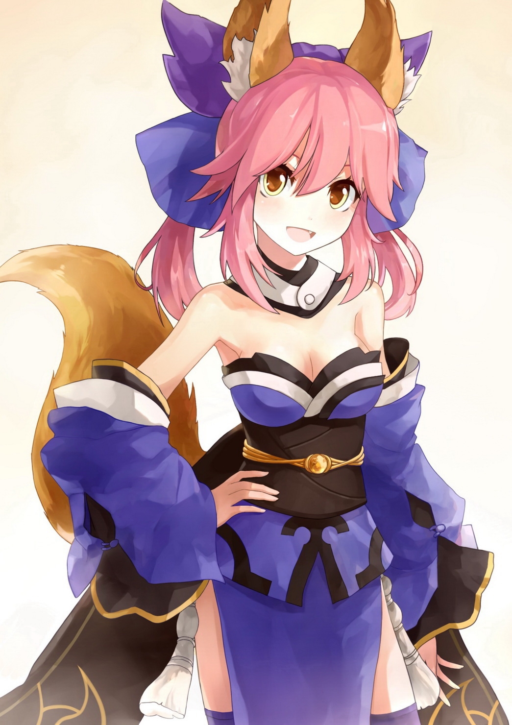 animal_ears arctic bad_id bad_pixiv_id bare_shoulders bow breasts cleavage detached_sleeves fate/extra fate_(series) fox_ears fox_tail hair_bow hair_ribbon highres japanese_clothes medium_breasts no_nose pink_hair ribbon solo tail tamamo_(fate)_(all) tamamo_no_mae_(fate) thighhighs twintails yellow_eyes