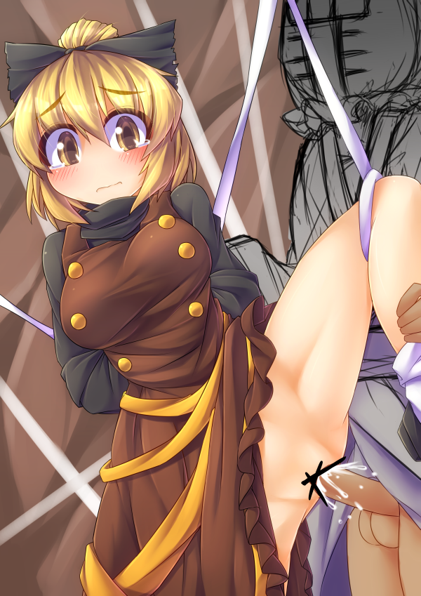 1girl bdsm blonde_hair blush bondage bound bow breasts censored clothed_sex cum cum_in_pussy dress fun_bo hair_bow hetero kurodani_yamame large_breasts leg_up no_panties penis pussy rape restrained ribbon sex short_hair sin_sack solo_focus spread_legs tears testicles touhou vaginal yellow_eyes
