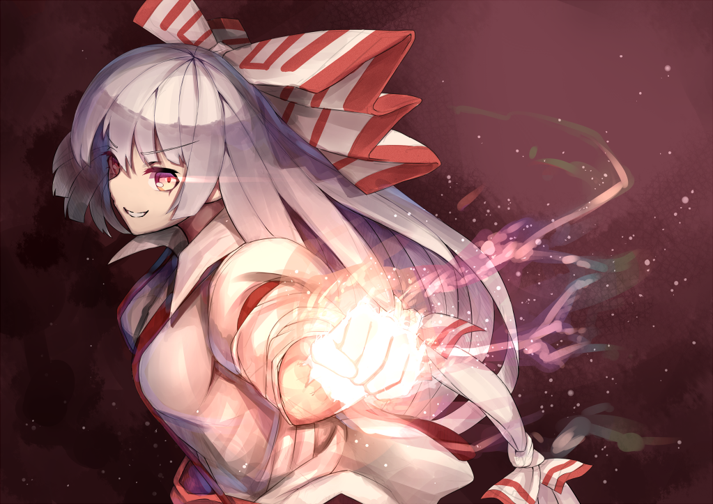 bow clenched_hand fire fujiwara_no_mokou ginko_(nico) grey_hair hair_bow long_hair red_eyes ribbon smile solo touhou