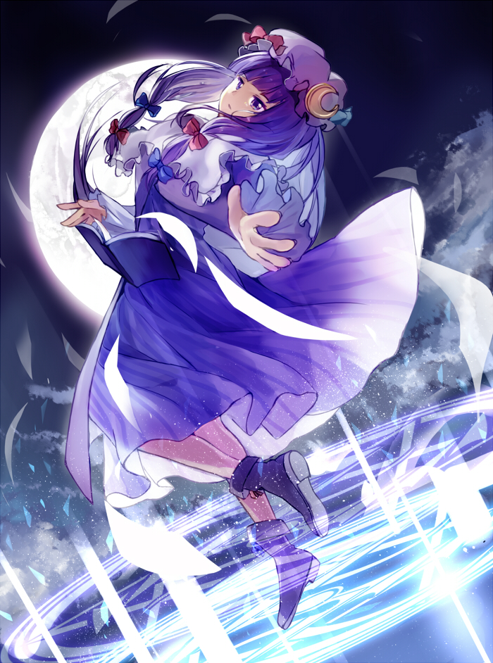 bison_cangshu capelet coat crescent dress floating floating_book full_moon hat lights long_hair magic_circle moon night open_clothes open_coat patchouli_knowledge purple_dress purple_eyes purple_hair sky solo striped striped_dress touhou