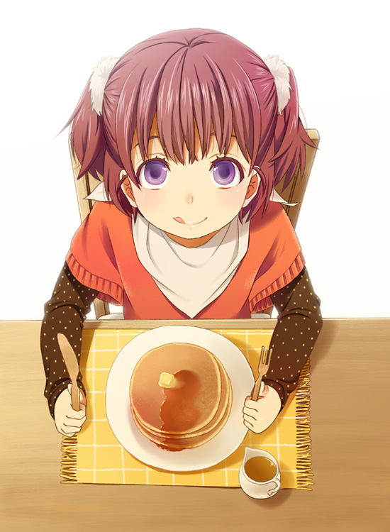 :q brown_hair butter chair child food fork from_above holding holding_fork knife looking_at_viewer looking_up mattaku_mousuke original pancake plate polka_dot purple_eyes scrunchie short_twintails solo syrup table tongue tongue_out twintails