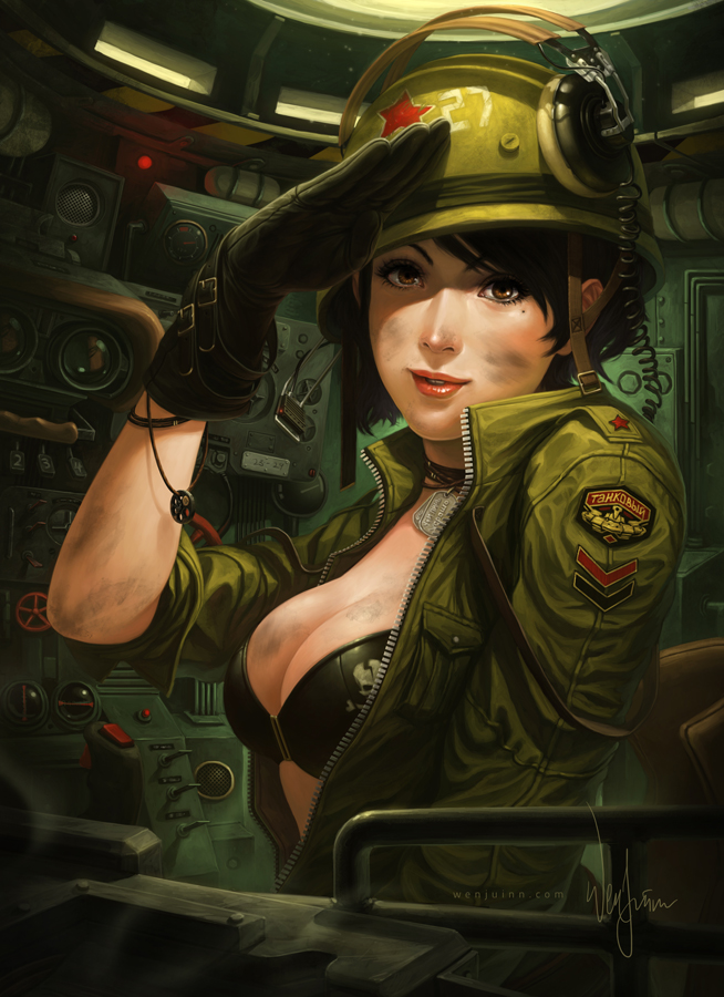 black_gloves black_hair breasts brown_eyes cockpit dirty gloves ground_vehicle headset jacket large_breasts lipstick makeup military military_vehicle motor_vehicle open_clothes open_jacket original realistic russian salute short_hair solo tank tank_interior uniform unzipped wen_juinn